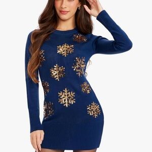 Tipsy Elves Blue and Gold Embellished Long Sleeve Dress